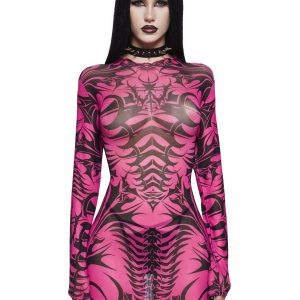 Widow Tattoo Print Sheer Mesh Mini Dress - Pink/Black