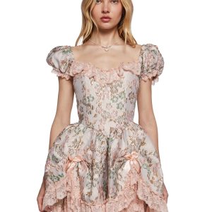 Sugar Thrillz Brocade Puffy Sleeve Mini Dress - Pink