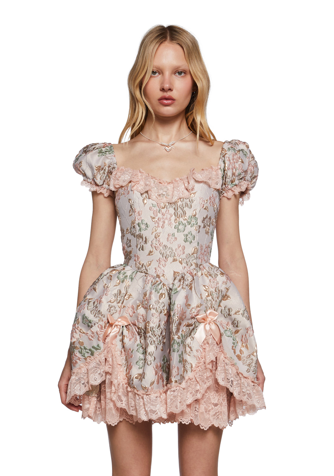 Sugar Thrillz Brocade Puffy Sleeve Mini Dress - Pink