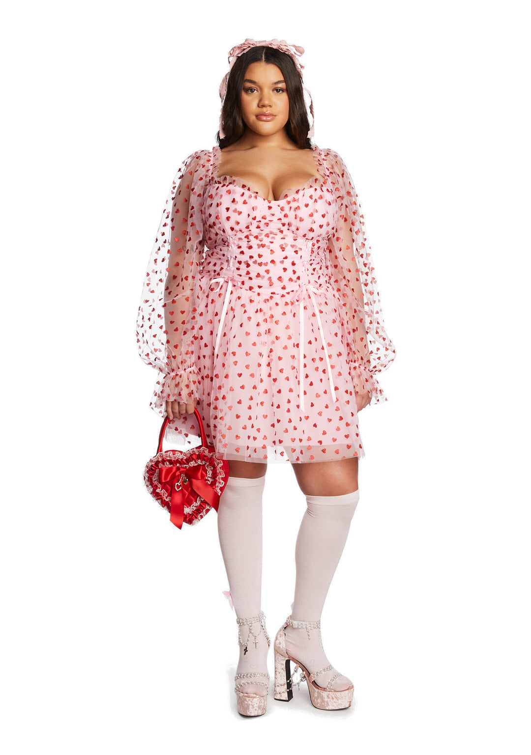 Plus Size Sugar Thrillz Tulle Heart Flocked Babydoll Mini Dress - Pink - Image 2