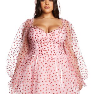 Plus Size Sugar Thrillz Tulle Heart Flocked Babydoll Mini Dress - Pink
