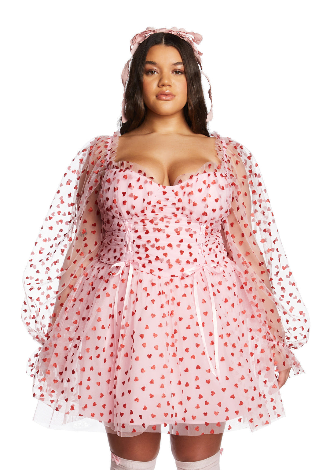 Plus Size Sugar Thrillz Tulle Heart Flocked Babydoll Mini Dress - Pink