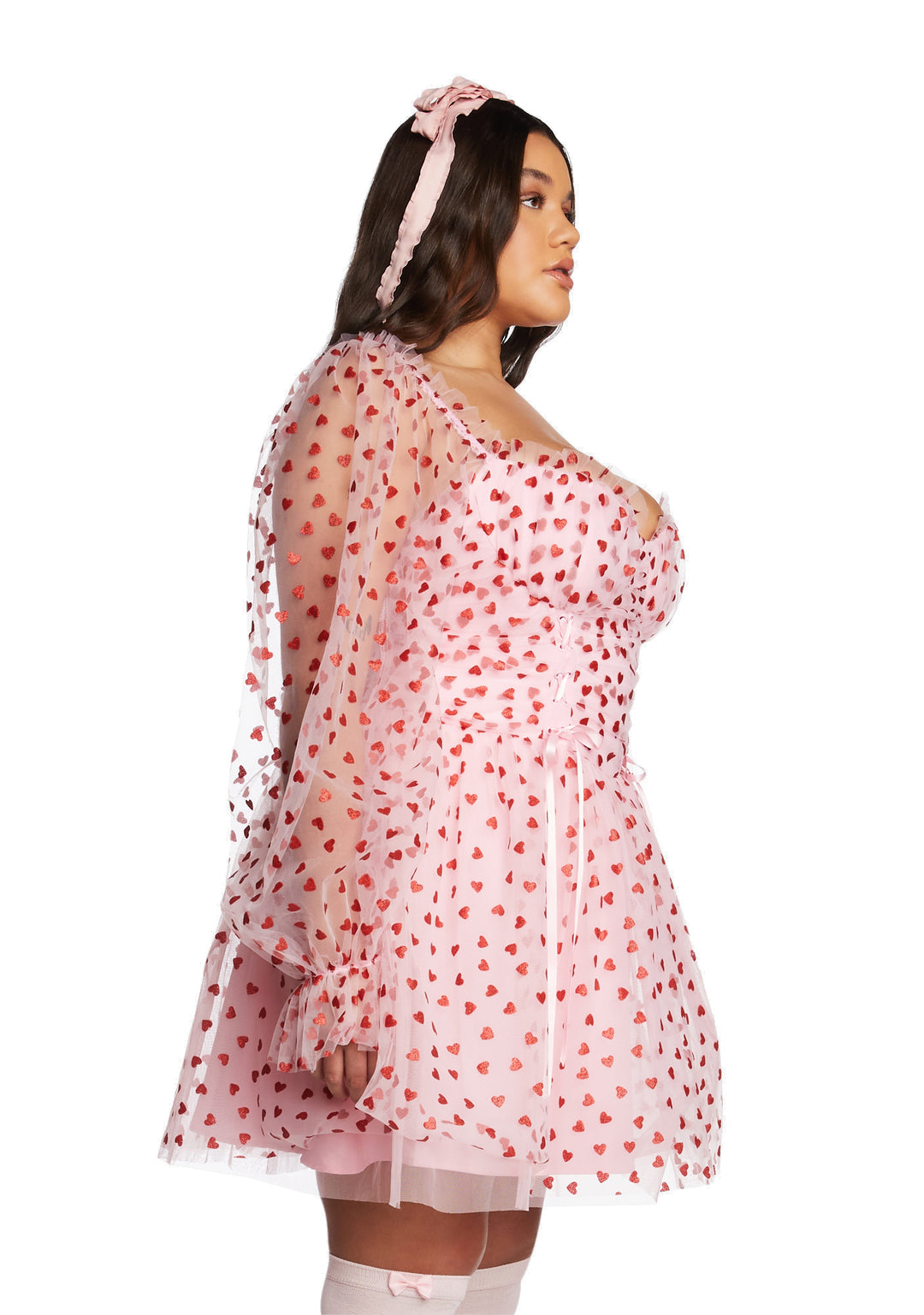 Plus Size Sugar Thrillz Tulle Heart Flocked Babydoll Mini Dress - Pink - Image 3