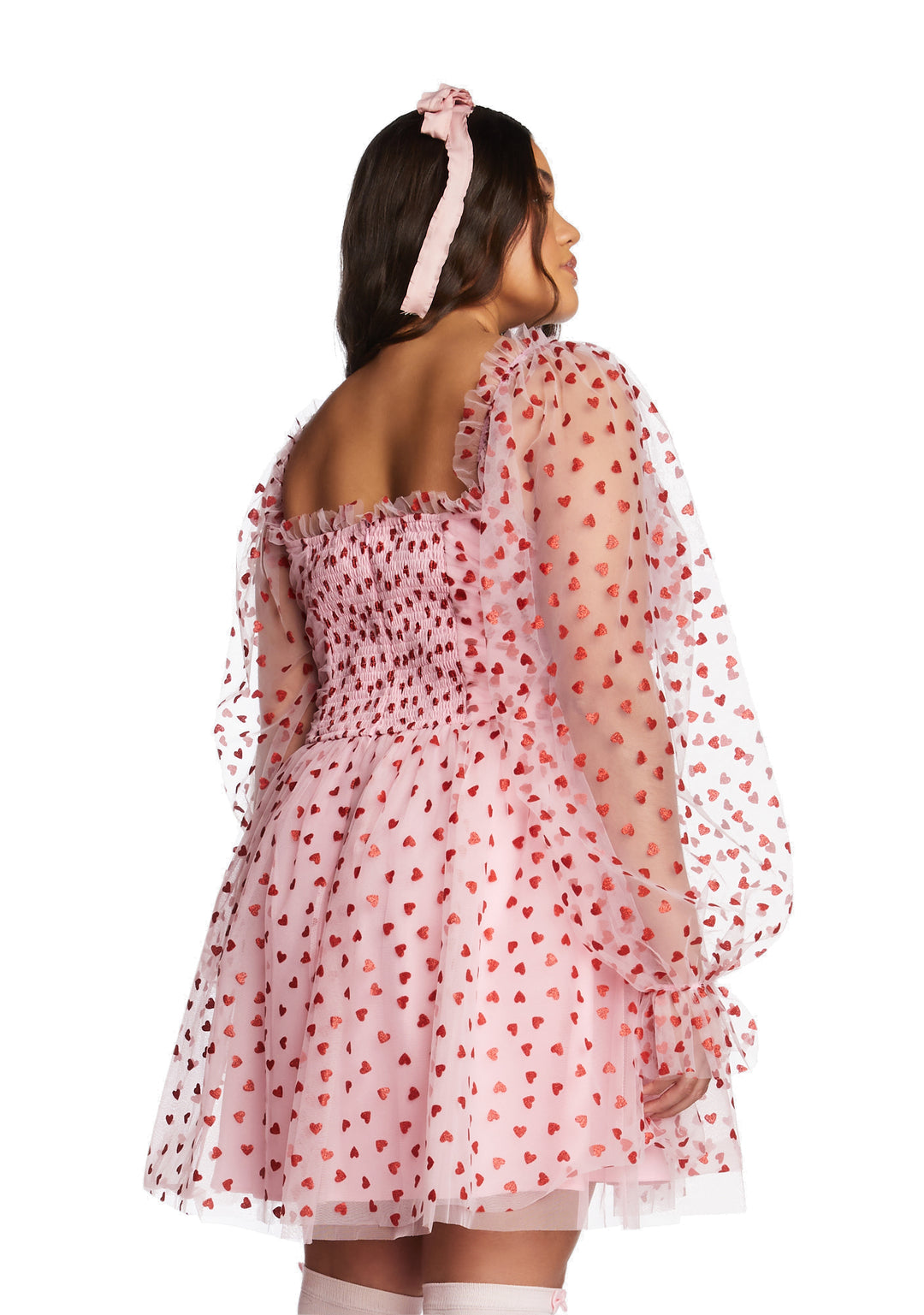 Plus Size Sugar Thrillz Tulle Heart Flocked Babydoll Mini Dress - Pink - Image 5