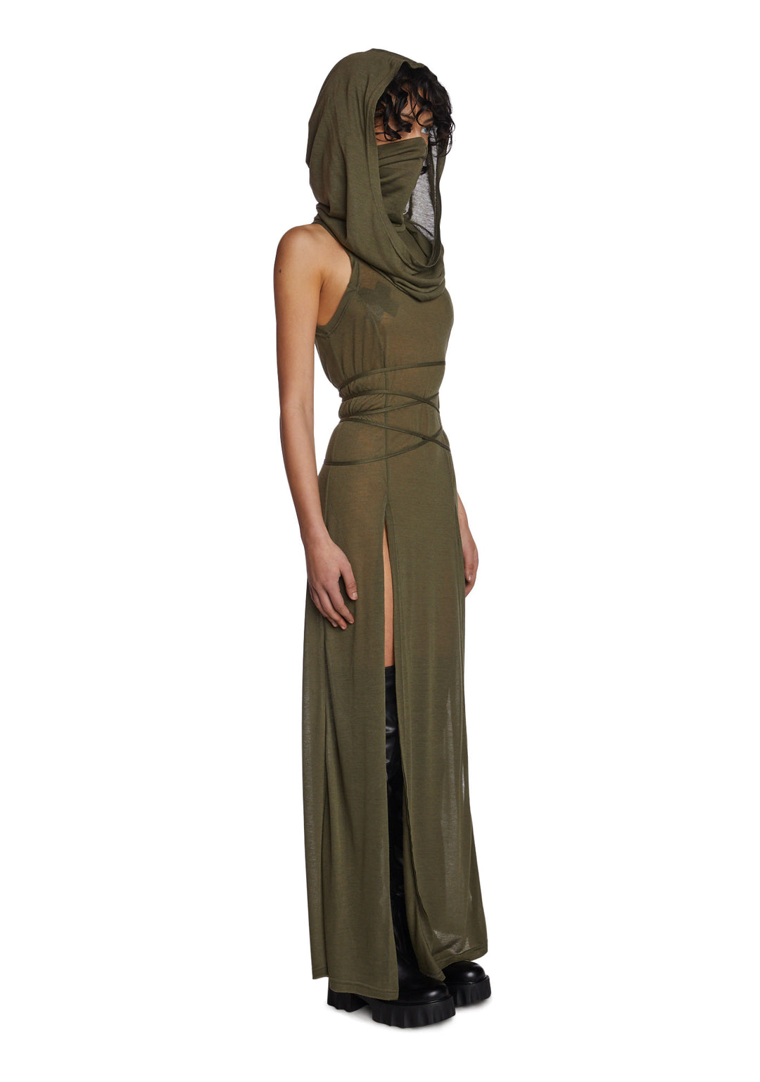 DARKER WAVS Mask Hood Slit Maxi Dress - Green - Image 3