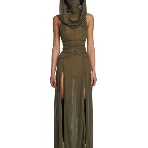 DARKER WAVS Mask Hood Slit Maxi Dress - Green