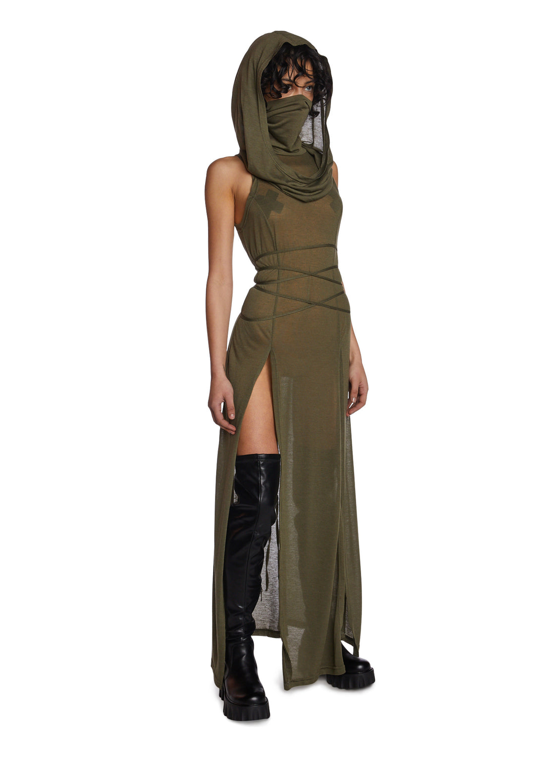DARKER WAVS Mask Hood Slit Maxi Dress - Green - Image 5