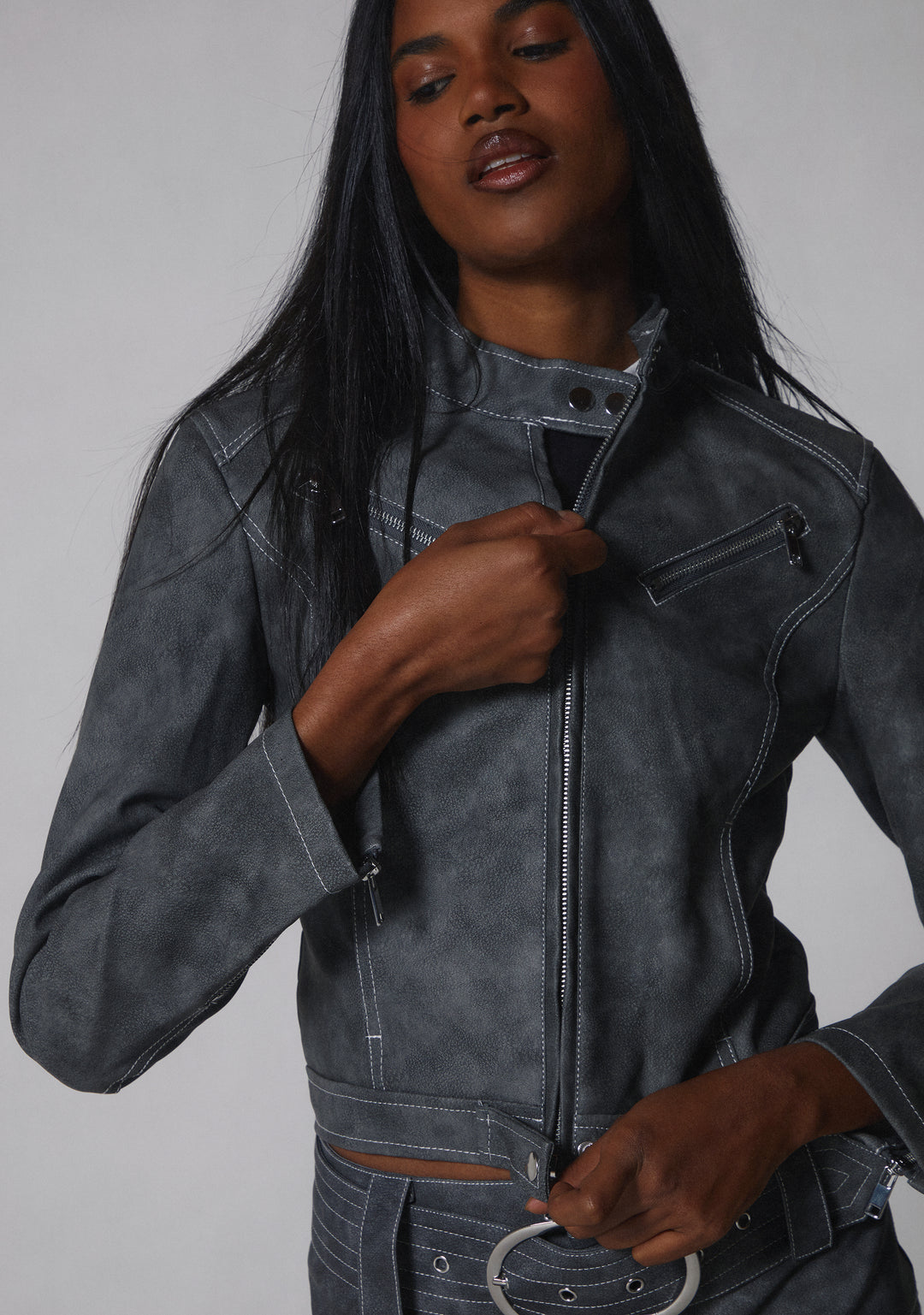 Generation Kiss Washed Vegan Leather Moto Jacket - Gray - Image 7