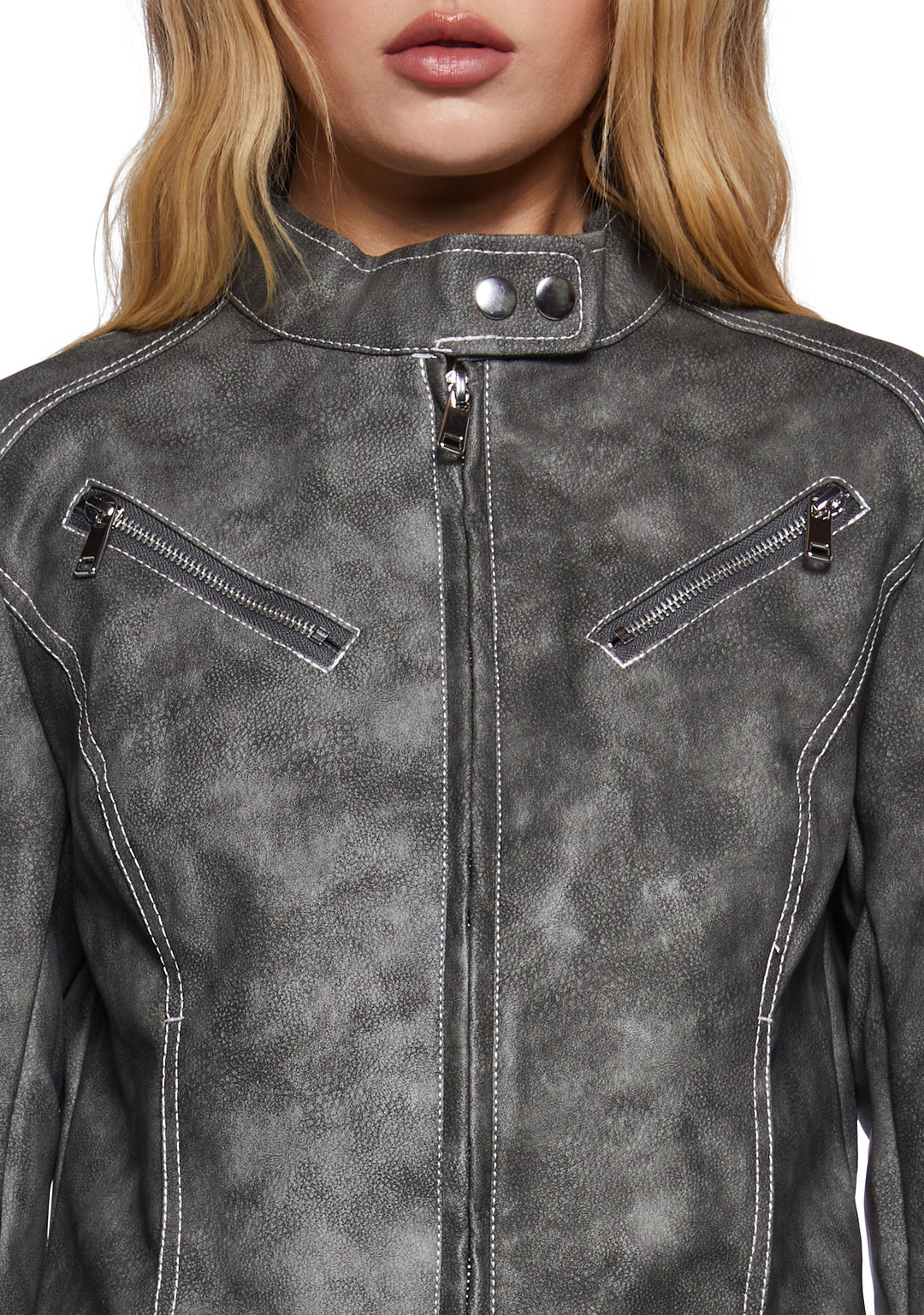 Generation Kiss Washed Vegan Leather Moto Jacket - Gray - Image 5
