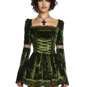 Current Mood Velour Embroidered Trim Mini Dress - Green