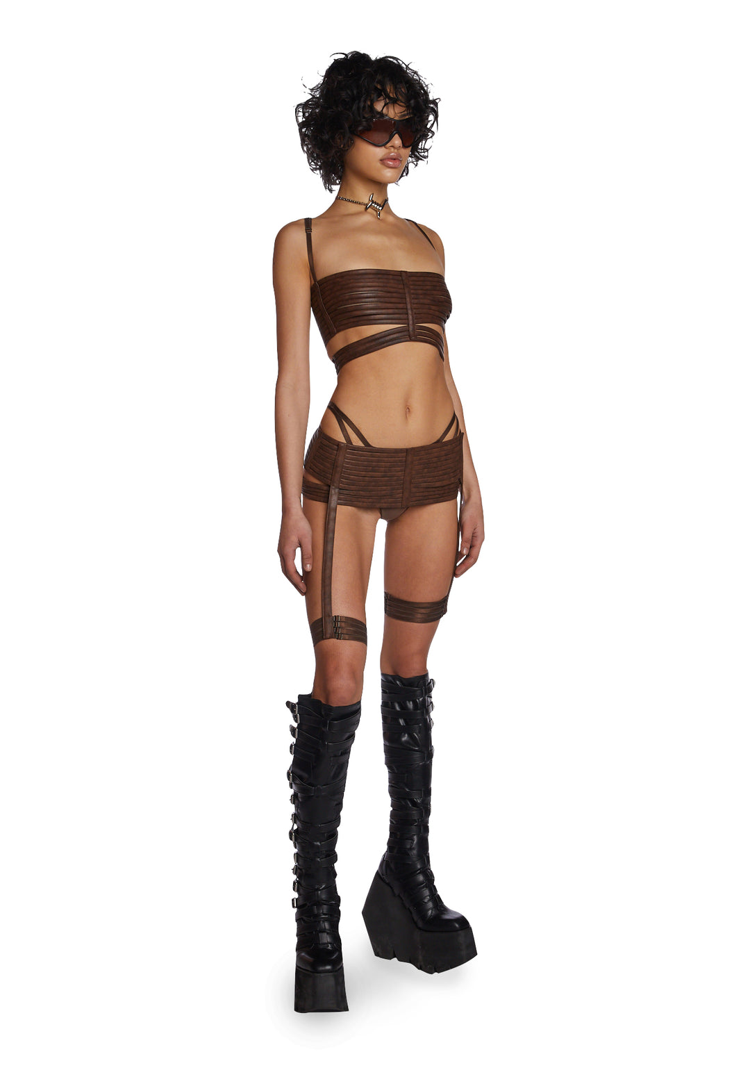 DARKER WAVS Vegan Leather Garter Lingerie Set - Brown - Image 5