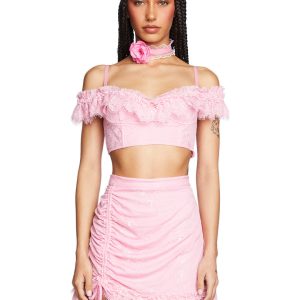 Sugar Thrillz Lace Off The Shoulder Crop Top - Pink