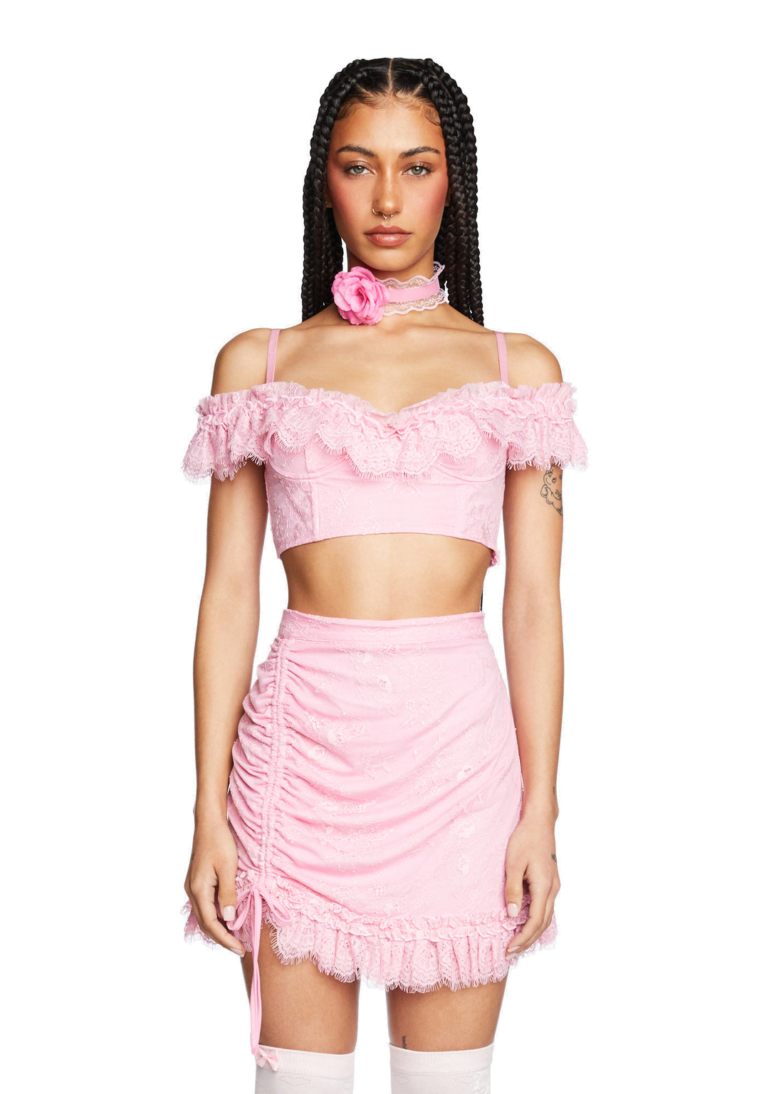 Sugar Thrillz Lace Off The Shoulder Crop Top - Pink