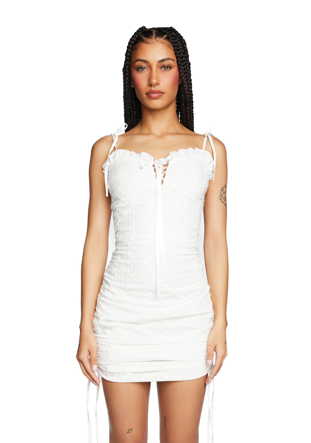 Sugar Thrillz Eyelet Ruched Mini Dress - White