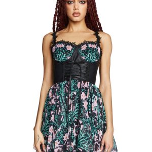 Widow Floral Print Chiffon Dress With Underbust Corset - Multi