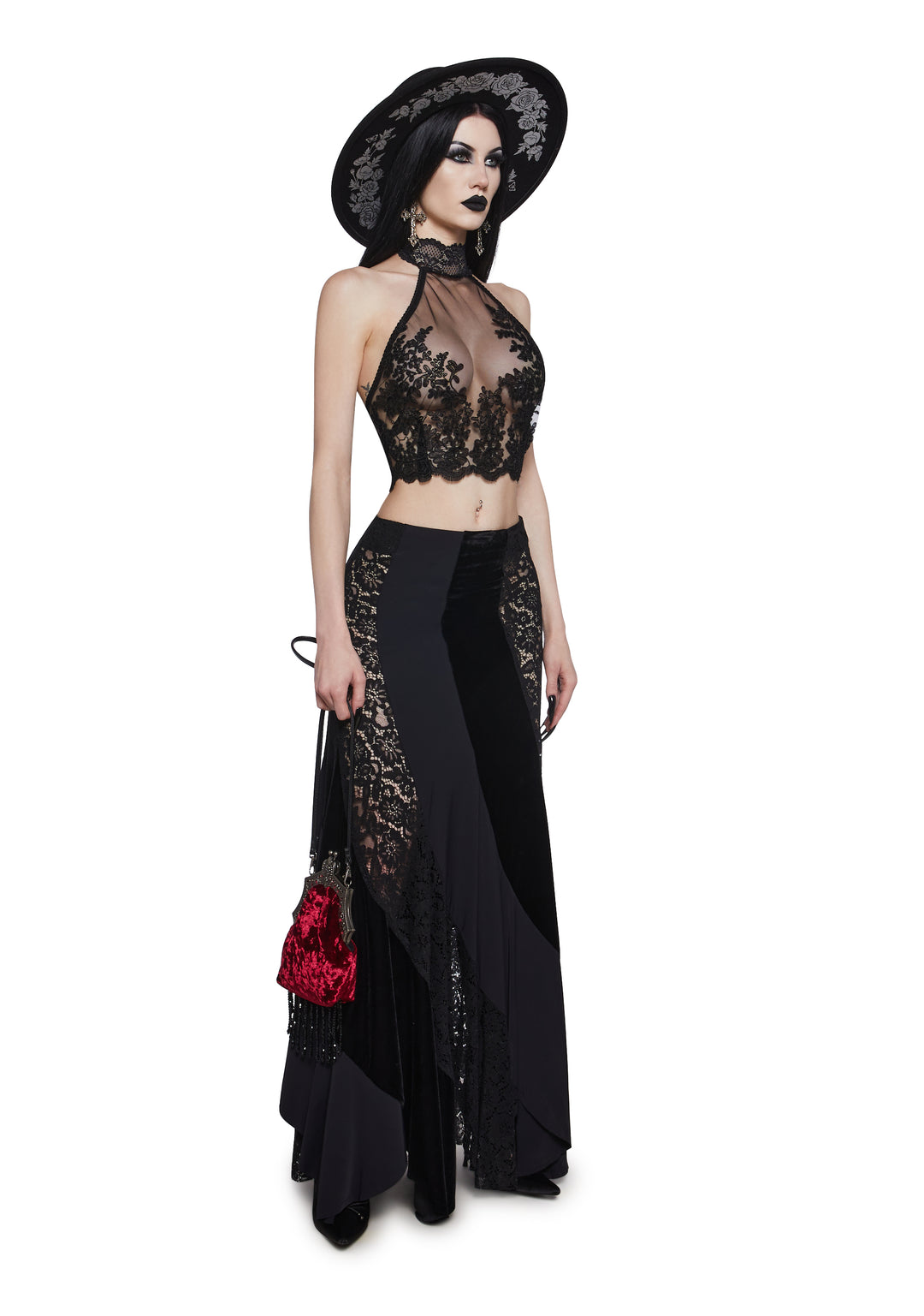 Widow Sheer Embroidered Halter Crop Top - Black - Image 2