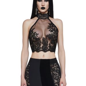 Widow Sheer Embroidered Halter Crop Top - Black