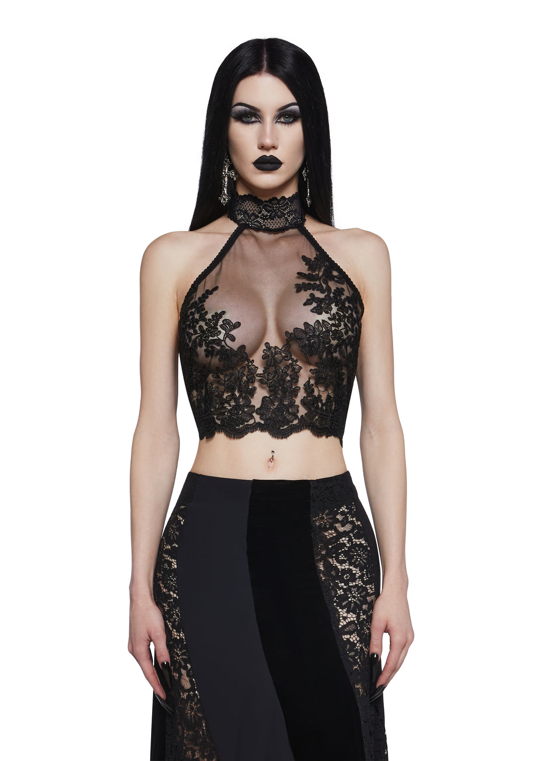 Widow Sheer Embroidered Halter Crop Top - Black