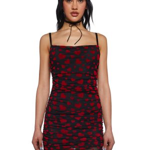 Sugar Thrillz Heart Print Ruched Mini Dress - Black/Red