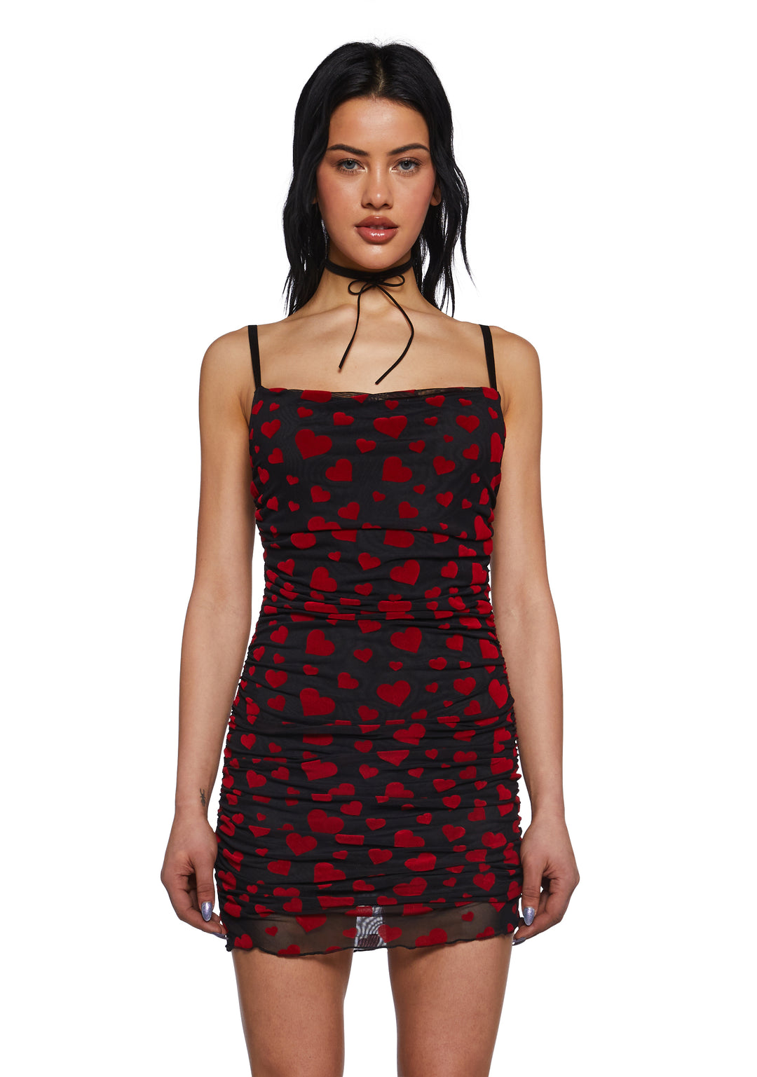 Sugar Thrillz Heart Print Ruched Mini Dress - Black/Red