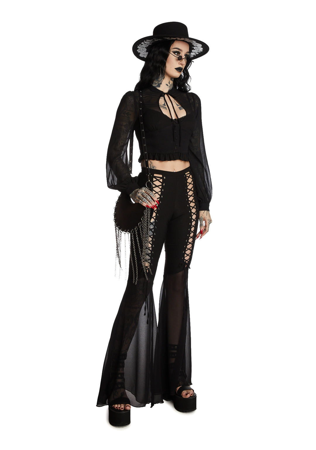 Widow Sheer Chiffon Long Sleeve Blouse - Black - Image 2