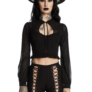 Widow Sheer Chiffon Long Sleeve Blouse - Black