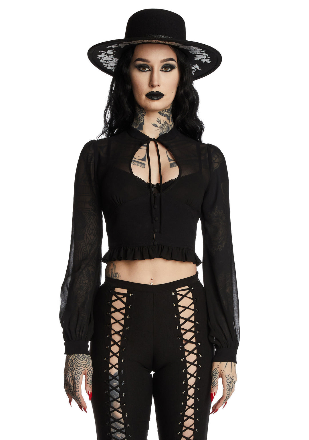 Widow Sheer Chiffon Long Sleeve Blouse - Black