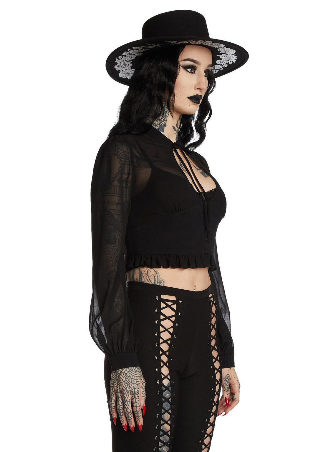 Widow Sheer Chiffon Long Sleeve Blouse - Black - Image 3