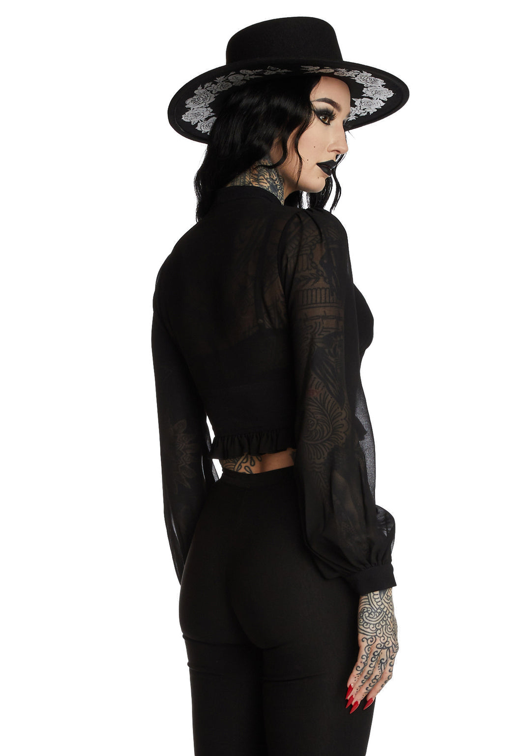 Widow Sheer Chiffon Long Sleeve Blouse - Black - Image 4