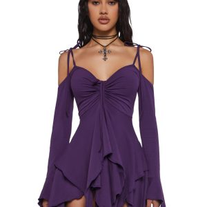 Current Mood Off The Shoulder Handkerchief Mini Dress - Purple
