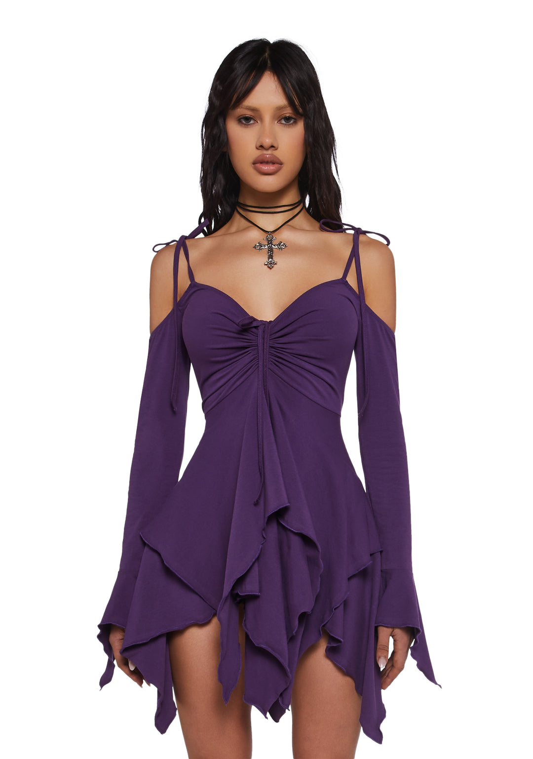 Current Mood Off The Shoulder Handkerchief Mini Dress - Purple