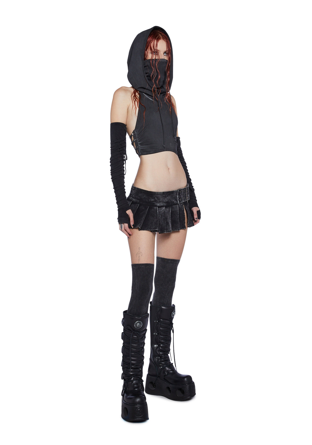 Darker Wavs Pleated Denim Micro Mini Skirt - Washed Black - Image 2