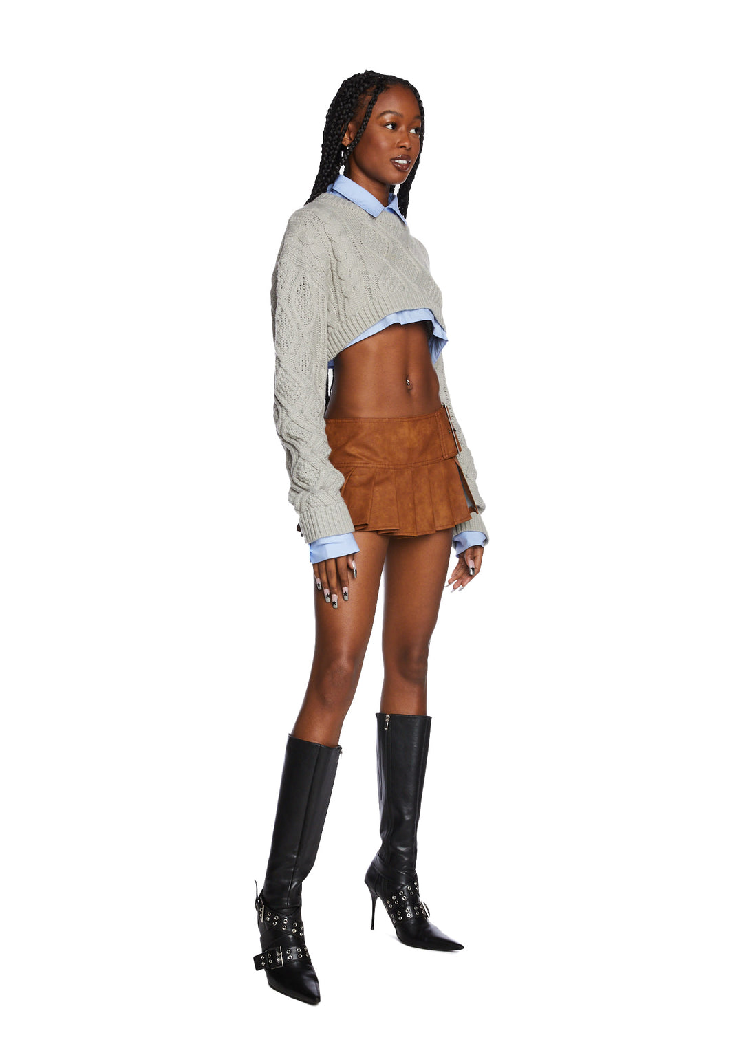Poster Grl Pleated Micro Mini Skirt - Brown Vegan Leather - Image 2