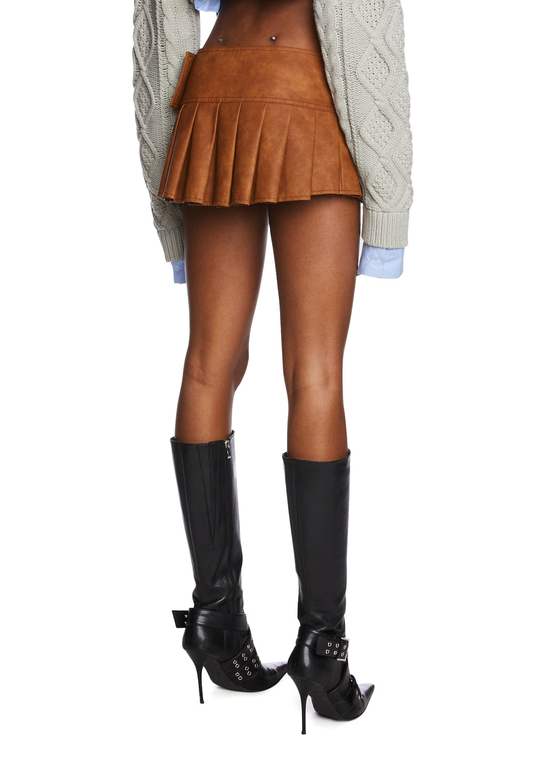 Poster Grl Pleated Micro Mini Skirt - Brown Vegan Leather - Image 4