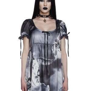 Widow Angel Print Babydoll Dress - Black