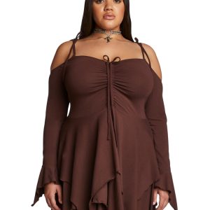 Current Mood Plus Size Off The Shoulder Handkerchief Mini Dress - Brown