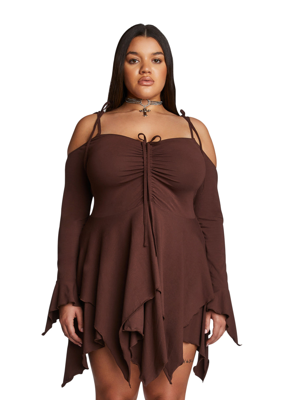 Current Mood Plus Size Off The Shoulder Handkerchief Mini Dress - Brown