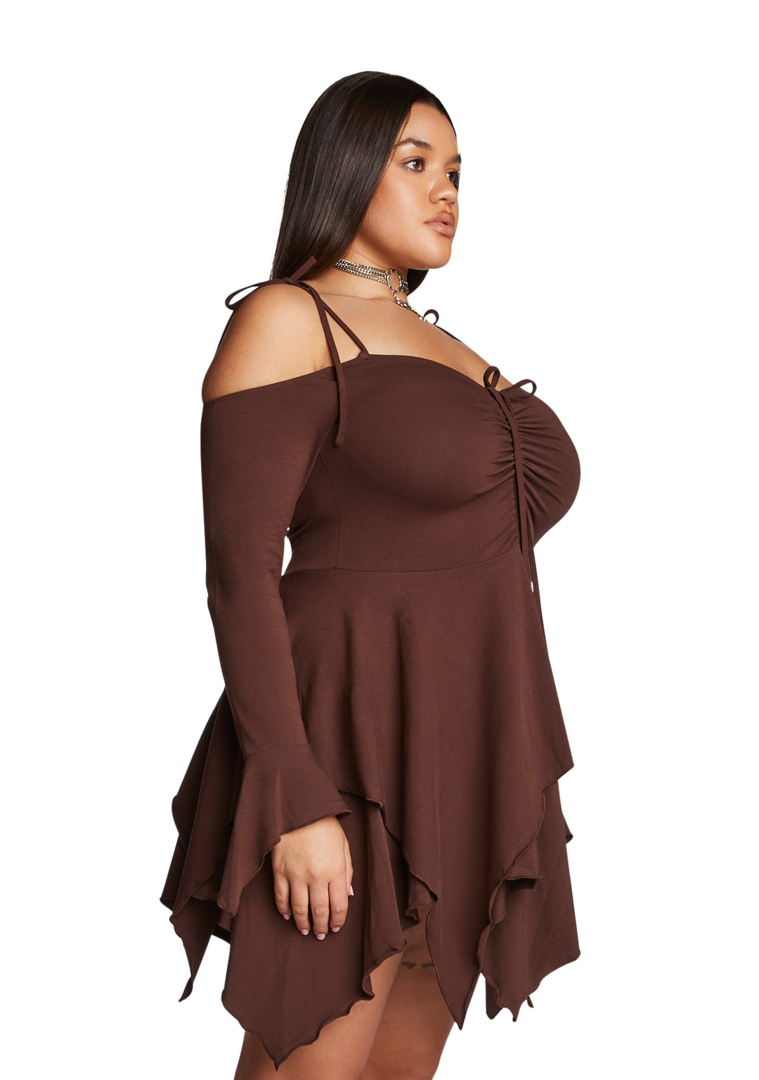 Current Mood Plus Size Off The Shoulder Handkerchief Mini Dress - Brown - Image 3