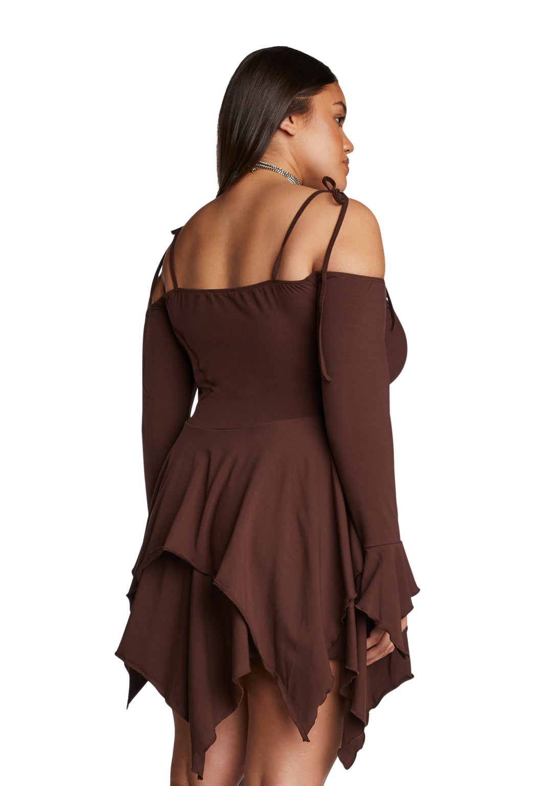 Current Mood Plus Size Off The Shoulder Handkerchief Mini Dress - Brown - Image 4