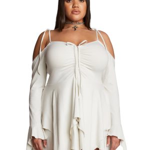 Current Mood Plus Size Off The Shoulder Handkerchief Mini Dress - Off White