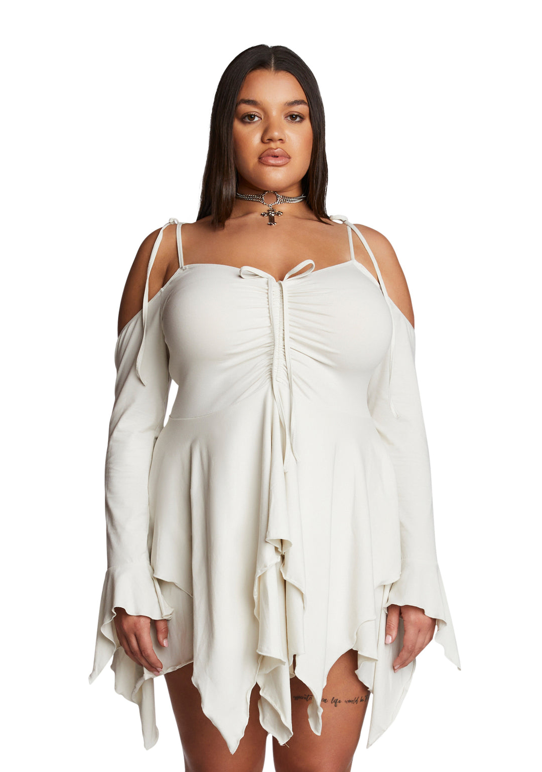 Current Mood Plus Size Off The Shoulder Handkerchief Mini Dress - Off White