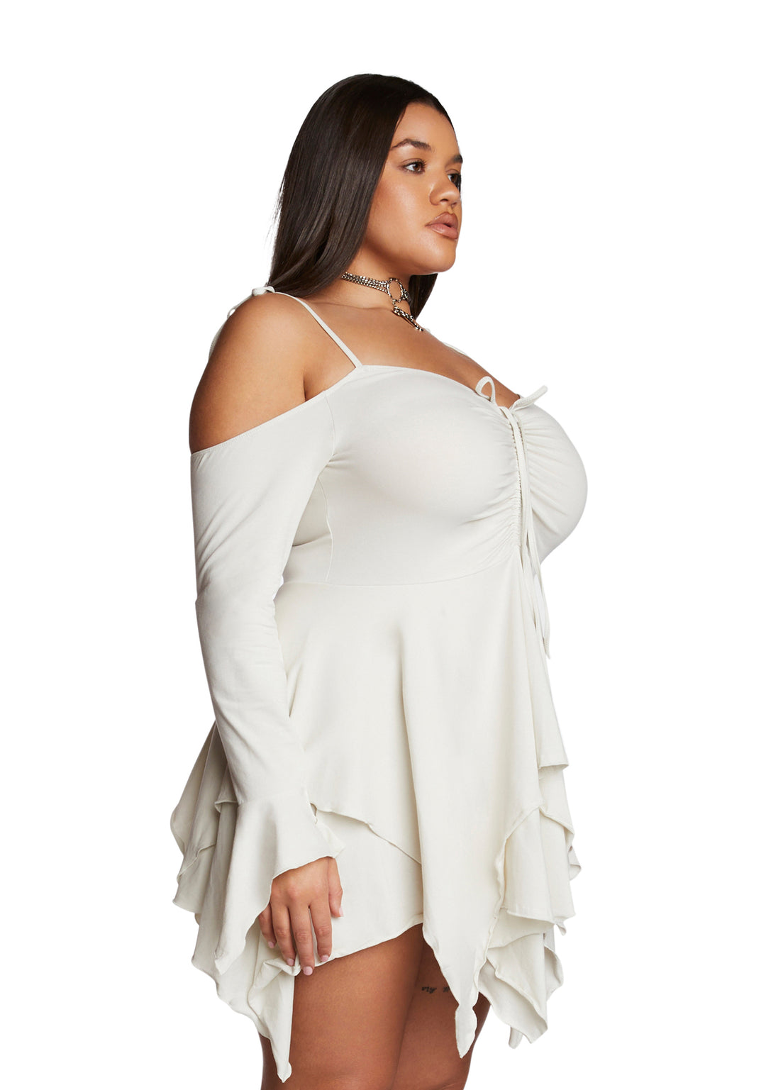 Current Mood Plus Size Off The Shoulder Handkerchief Mini Dress - Off White - Image 3