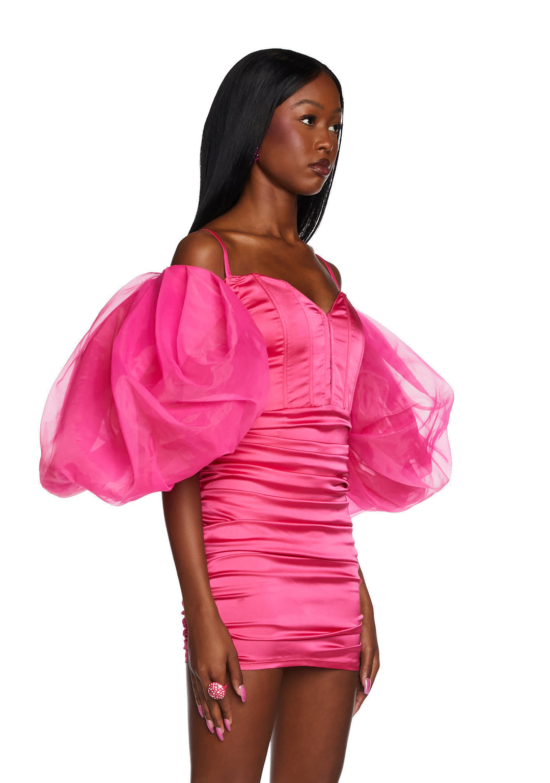 Sugar Thrillz Satin Ruched Organza Puff Sleeve Mini Dress - Pink - Image 3