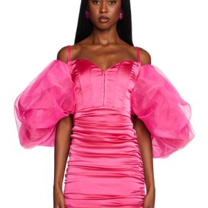 Sugar Thrillz Satin Ruched Organza Puff Sleeve Mini Dress - Pink