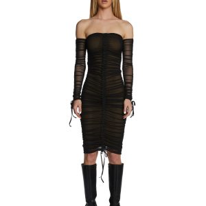 Poster Grl Off Shoulder Ruched Mesh Midi Dress - Black