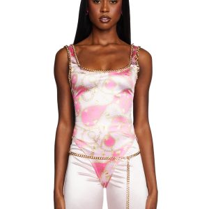 Sugar Thrillz Chain Print Satin Bodysuit Bike Shorts Set - Pink