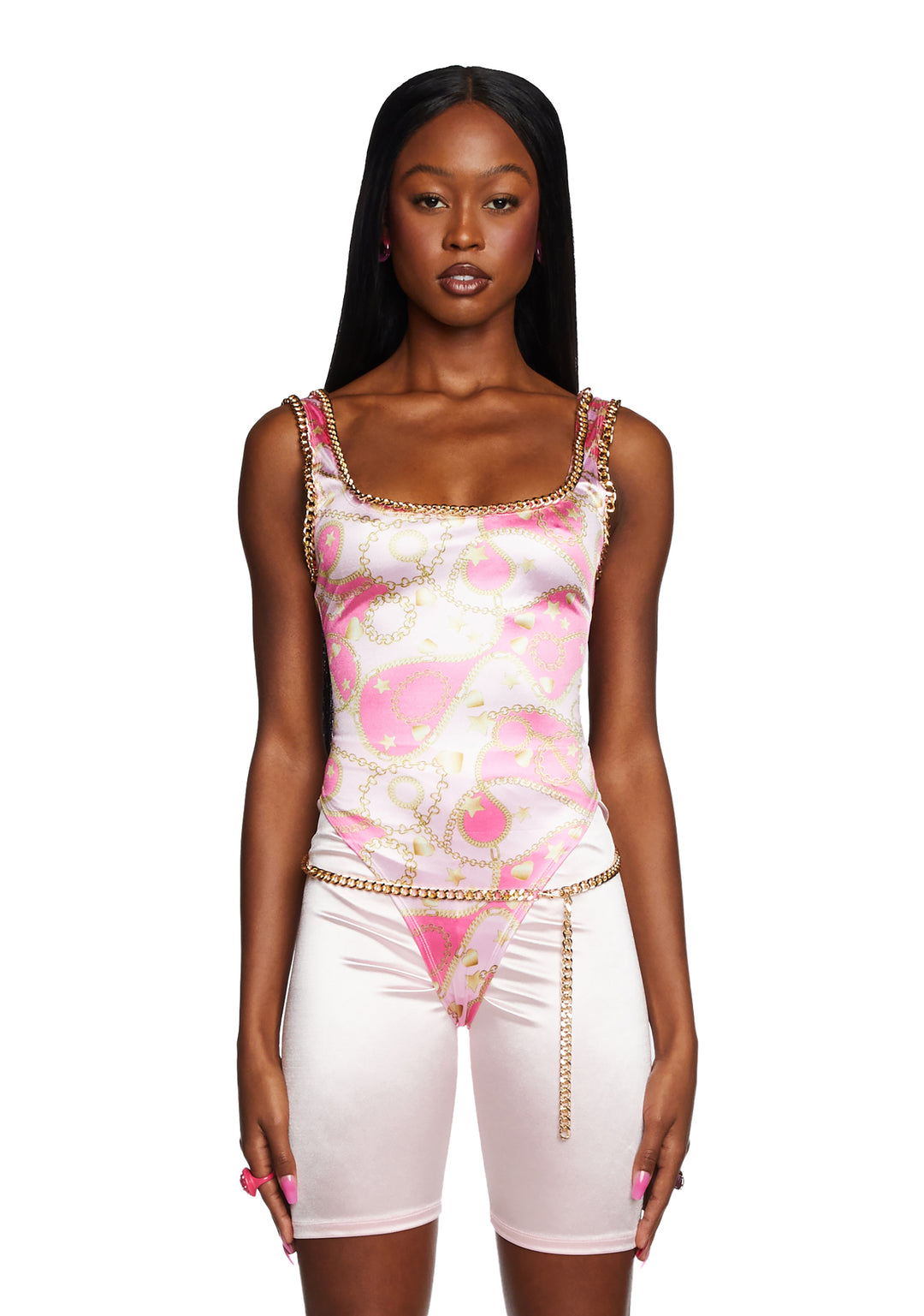Sugar Thrillz Chain Print Satin Bodysuit Bike Shorts Set - Pink
