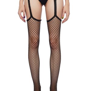 Fishnet Garter Belt Stockings- Black