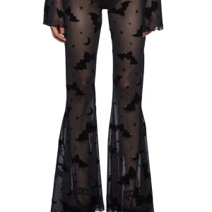 The Grave Girls Flocked Bat Sheer Mesh Flared Pants - Black