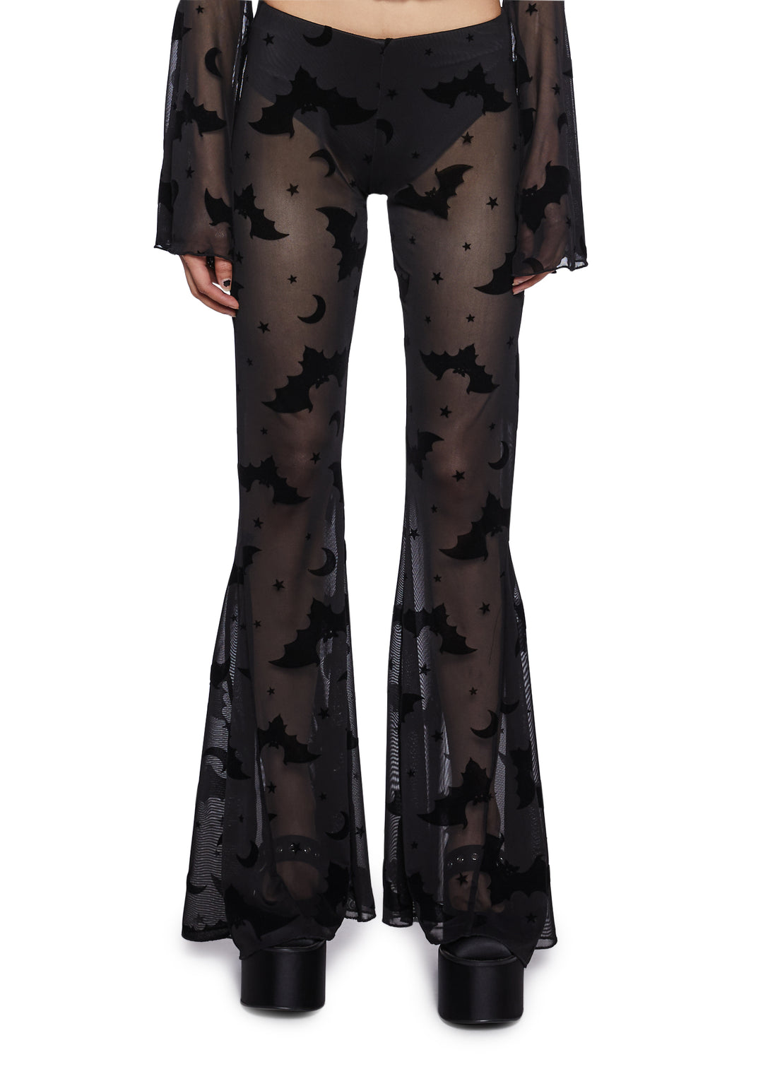 The Grave Girls Flocked Bat Sheer Mesh Flared Pants - Black